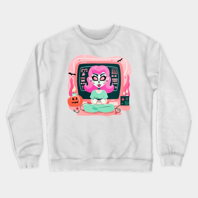 Halloween Console Zombie Video Gamer Girl Crewneck Sweatshirt by enchantedrealm